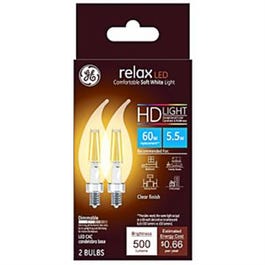 Relax HD Decorative LED Light Bulbs, Candelabra Base, Soft White, Clear, Dimmable, 500 Lumens, 6.5-Watts, 2-Pk.