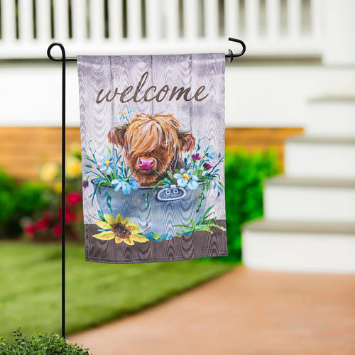 Evergreen Relaxing Highland Cow Moire Garden Flag