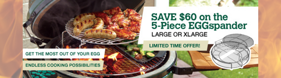 Grill loaded with sausages, chicken wings, and veggies on the Big Green Egg grill using the 5-Piece EGGspander Kit. The image includes text that promotes a limited-time offer to save $60 on the 5-Piece EGGspander for large or XL sizes. Phrases like 'Get the most out of your egg' and 'Endless cooking possibilities' emphasize the versatility of the product.