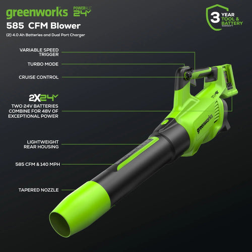 Greenworks (2x24V) 585 CFM Cordless Battery Leaf Blower w/ (2) 4.0 Ah USB Batteries & Dual Port Charger
