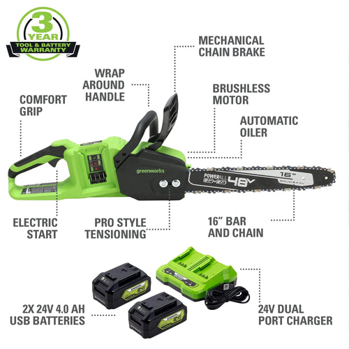 Greenworks 48V (2x24V) Cordless Battery Chainsaw w/ Two (2) 4.0Ah USB Batteries & Dual Port Charger
