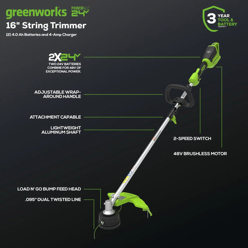 Greenworks 48V (2x24V) Cordless Battery String Trimmer (Attachment Capable) w/ (2) 4.0Ah USB Batteries & Dual Port Charger