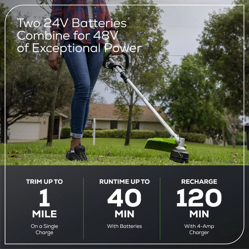 Greenworks 48V (2x24V) Cordless Battery String Trimmer (Attachment Capable) w/ (2) 4.0Ah USB Batteries & Dual Port Charger