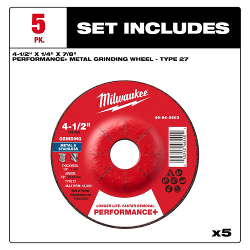 Milwaukee 4-1/2 x 1/4 x 7/8 Performance+ Metal Grinding Wheel - Type 27 - 5pk