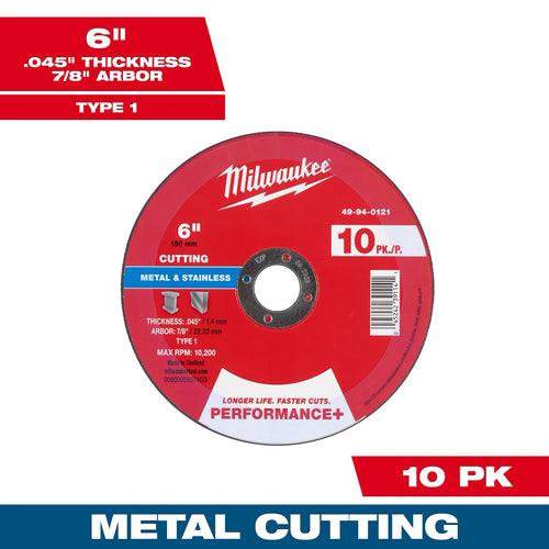 Milwaukee 6 x .045 x 7/8 Performance+ Metal Cut Off Wheel - Type 1