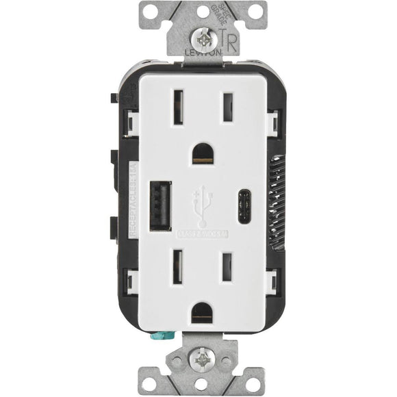 Leviton Decora 5.1A 5V White Type A/Type C USB Charging Outlet with 5-15R Tamper Resistant Duplex Outlet