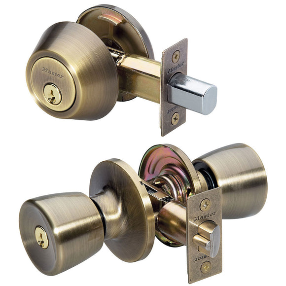 Master Lock Residential Grade 3 Door Hardware Tulip Style Knob Entry Door Lock with Single Cylinder Deadbolt; Combo Pack; Antique Brass (Antique Brass)